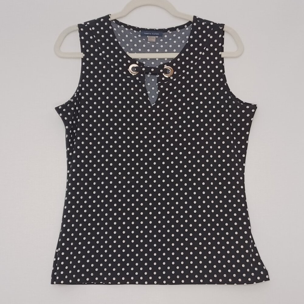 Women's Tommy Hilfiger Black & White Poka Dot Sleeveless‎ Blouse Size Medium